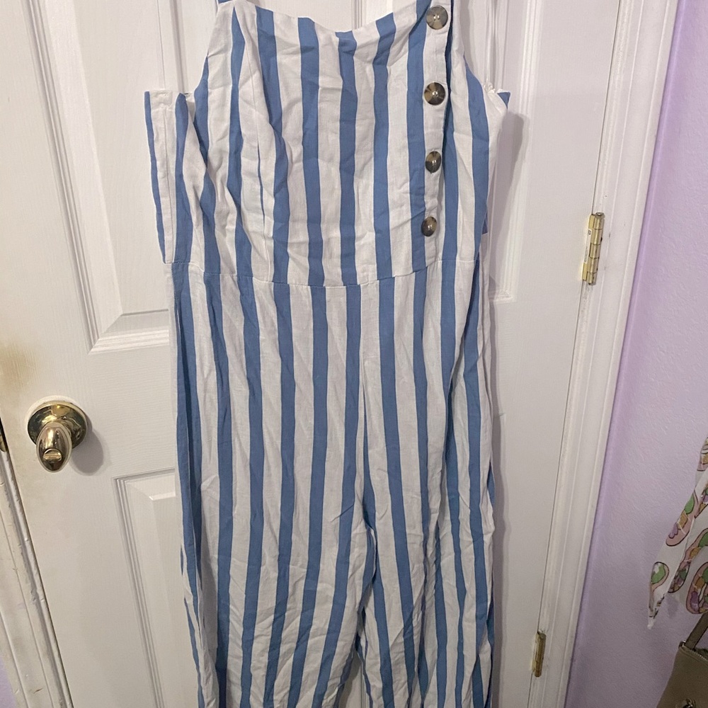 Nwt Sz. L Blue and White long hem striped jumpsuit